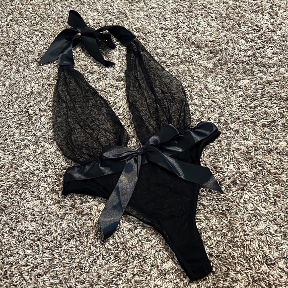 Black Mesh Satin Halter Tie Teddy - Picture 2 of 11